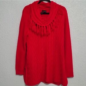 New Directions Womens Cowl Neck Cable Knit Sweater Size XL Fringe Eclectic Wacky